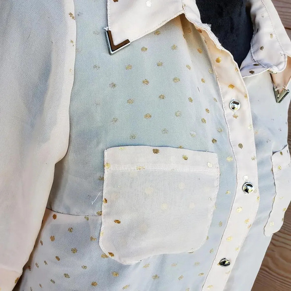 Volume One Sheer Button Down Shirt Juniors Size Medium Cream Gold Polka Dot - Picture 12 of 15
